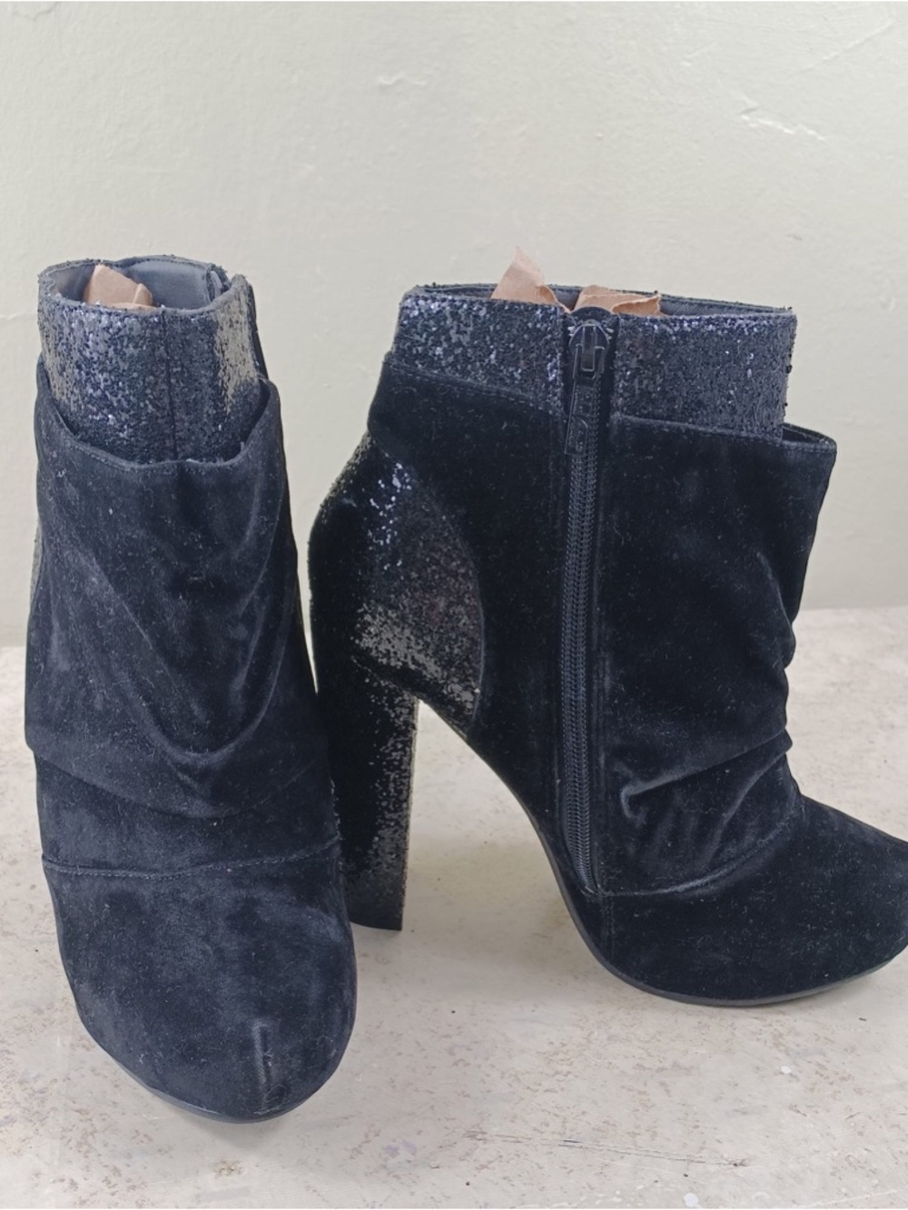 Women's Black Velvet Ankle Booties with Glitter Trim - Picture 8 of 12
